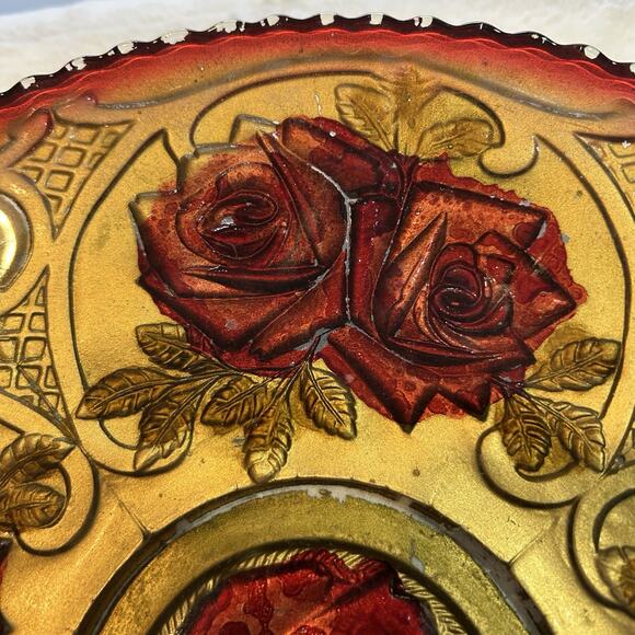 Antique Vintage 1920's  Red & Gold Roses Goofus Glass Plate/Platter 10 3/4" - Picture 9 of 9